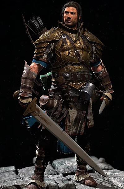 Game And Movie Character Wearing Gold-Brown Armor Holding Long Sword With Armguards On Black Background 3d model