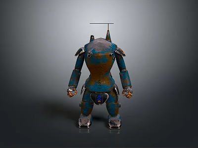 3D Robot Character With Mechanical Creature Features Blue Brown Armor Metal Legs And Antenna 3d model