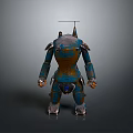 3D Robot Character With Mechanical Creature Features Blue Brown Armor Metal Legs And Antenna