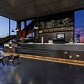 Modern Industrial Style Cafe Interior With Large Windows Bar Counter And Tables Chairs