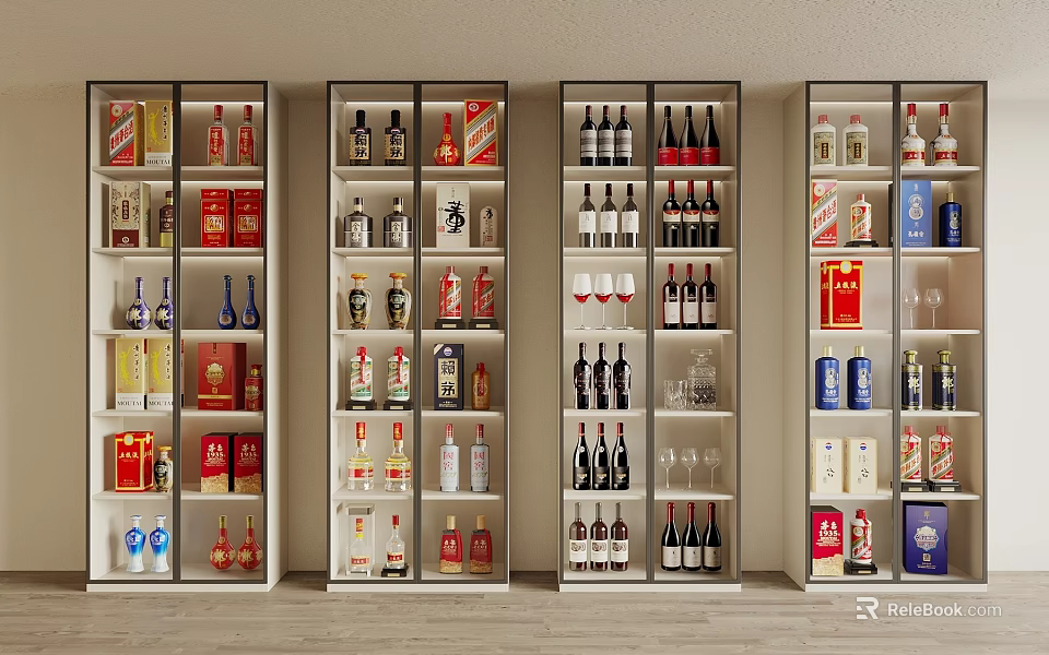 Various Wine Bottles And Glasses Displayed In Well Arranged Wine Cabinets 3d model 