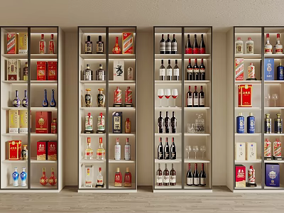 Various Wine Bottles And Glasses Displayed In Well Arranged Wine Cabinets 3d model
