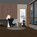 Modern Living Room Decorative Ornaments Set with Wooden Wall Fireplace Sunlight and Black Chair Lamp