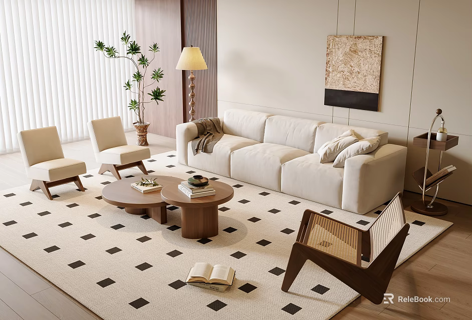 Modern Sofa And Wooden Coffee Table Set With Geometric Rug Armchairs Floor Lamp And Decorative Plant 3d model 