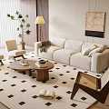 Modern Sofa And Wooden Coffee Table Set With Geometric Rug Armchairs Floor Lamp And Decorative Plant