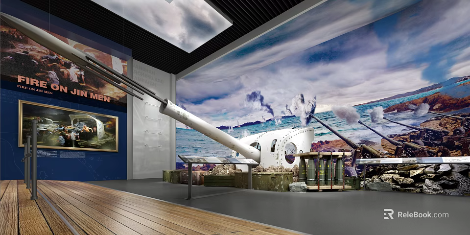 Historical Naval Cannon Display In Exhibition Space With Naval Battle Mural And Wooden Flooring 3d model 
