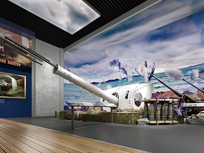 Historical Naval Cannon Display In Exhibition Space With Naval Battle Mural And Wooden Flooring 3d model