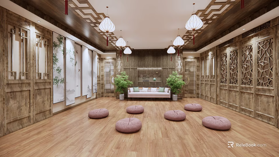 Chinese Style Indoor Yoga Practice Space With Wooden Decor Pink Cushions And Green Plants 3d model 
