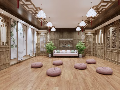 Chinese Style Indoor Yoga Practice Space With Wooden Decor Pink Cushions And Green Plants 3d model