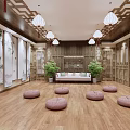 Chinese Style Indoor Yoga Practice Space With Wooden Decor Pink Cushions And Green Plants