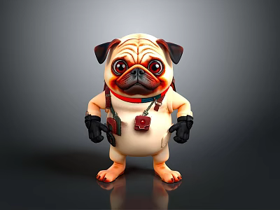 Pug 3D Model With Anthropomorphic Design Red Collar Harness And Black Gloves On Paws 3d model