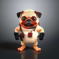 Pug 3D Model With Anthropomorphic Design Red Collar Harness And Black Gloves On Paws