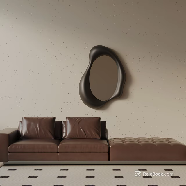 Modern Brown Leather Three Seater Sofa With Irregular Mirror On Beige Wall 3d model
