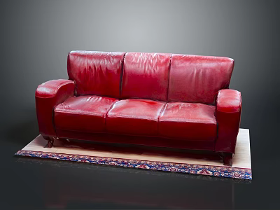 Luxurious Three Seater Red Leather Sofa On Decorative Rug In Living Room 3d model