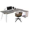Modern Wooden Desk And Chair Set With Computer Monitor Lamp Plant And Storage Cabinet