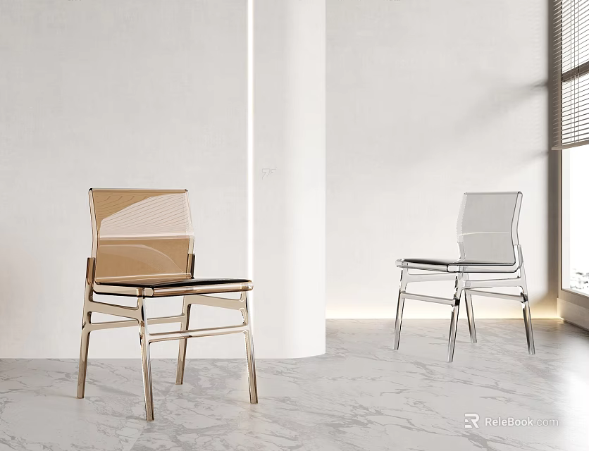 Modern Leisure Chairs Brown Transparent Acrylic Metal Frame In Bright Interior White Wall Marble Floor 3d model 