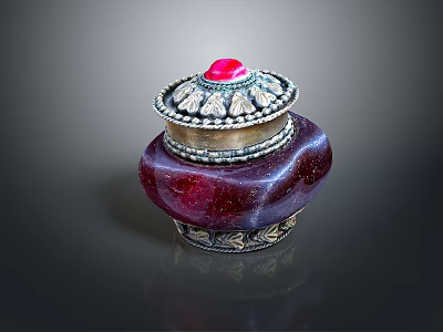 Red Vessel With Silver Decorated Lid And Red Gemstone On Dark Background 3d model
