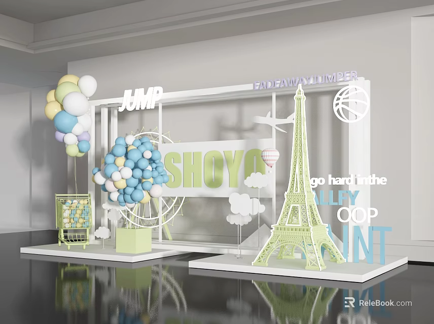 SHUYA Photo Check-in Spot With Colorful Balloons Eiffel Tower Model And Cloud Decorations 3d model 