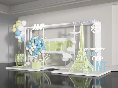 SHUYA Photo Check-in Spot With Colorful Balloons Eiffel Tower Model And Cloud Decorations 3d model