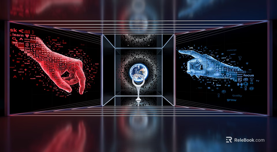 Futuristic Digital Artwork Featuring Red Blue Pixel Hands Globe In Cube Frame Data Network Lines 3d model 