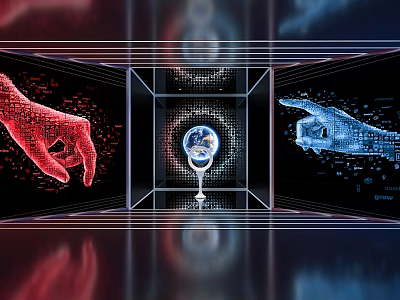 Futuristic Digital Artwork Featuring Red Blue Pixel Hands Globe In Cube Frame Data Network Lines 3d model