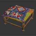 Vibrant Colorful Patchwork Cushioned Stool With Wooden Legs And Woven Sides Design