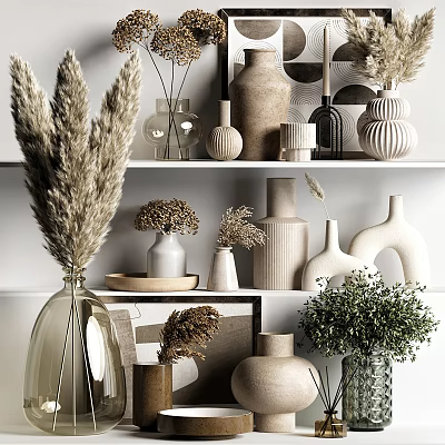 Modern Minimalist Decorative Ornament Set With Ceramic Vases Dried Flowers And Glass Containers 3d model