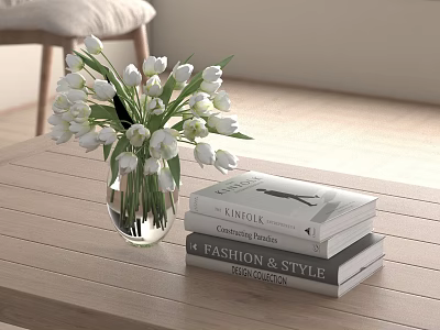 White Tulips in Clear Vase with Stacked Books on Wooden Table Home Decor 3d model