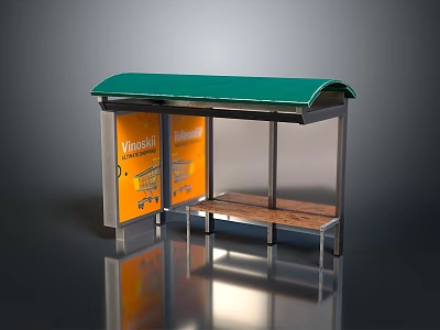 Bus Stop Shelter With Green Roof Orange Billboard And Wooden Bench 3d model