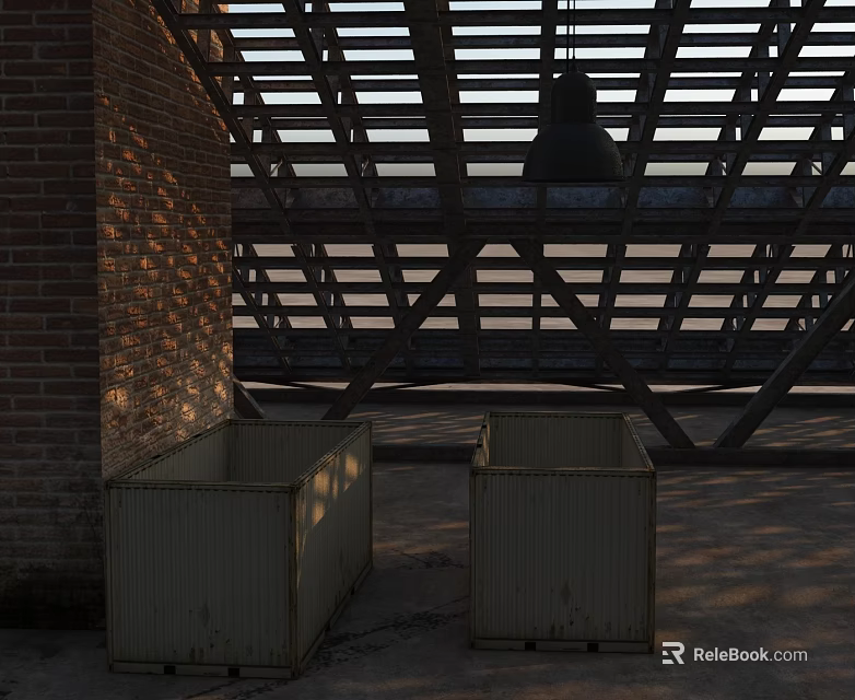 Industrial Brick Wall With Metal Roof Trusses And Two Metal Boxes 3d model 