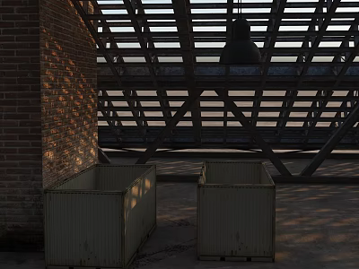 Industrial Brick Wall With Metal Roof Trusses And Two Metal Boxes 3d model