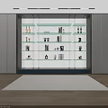 Modern Interior Display Shelf Unit With Glass Shelves Decorative Items Books And Bottles
