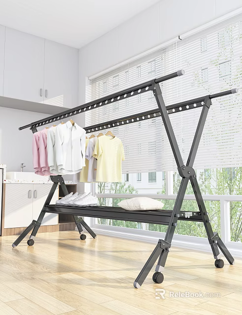 Black Foldable Clothes Drying Rack with Wheels Hanging Shirts and Lower Shelf Holding Shoes Pillow 3d model 
