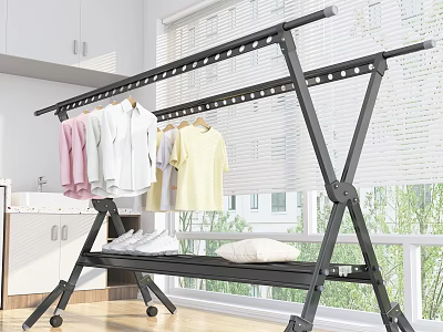 Black Foldable Clothes Drying Rack with Wheels Hanging Shirts and Lower Shelf Holding Shoes Pillow 3d model