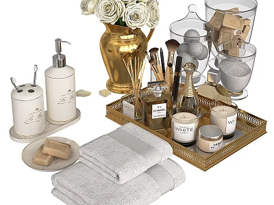 Stylish Laundry And Daily Items Including Towels Soap Dispenser Candles Storage Jars On Gold Tray 3d model