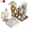 Stylish Laundry And Daily Items Including Towels Soap Dispenser Candles Storage Jars On Gold Tray