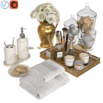 Stylish Laundry And Daily Items Including Towels Soap Dispenser Candles Storage Jars On Gold Tray 3d model