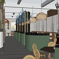 Modern Restaurant Interior With Wicker Chairs Wooden Tables Green Walls And Pendant Lights