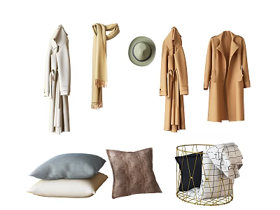 Neutral Winter Clothes Including Coats Scarves Hats Pillows In Storage Basket 3d model