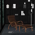 Brown Leather Leisure Chair With Wooden Frame And Footstool Near Dark Bookshelf And Floor Lamp