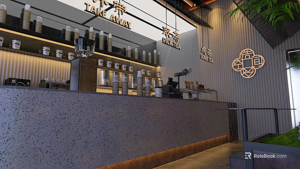 Modern Takeaway Milk Tea Shop Interior Design With Counter And Displayed Cups 3d model 