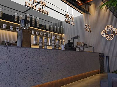 Modern Takeaway Milk Tea Shop Interior Design With Counter And Displayed Cups 3d model
