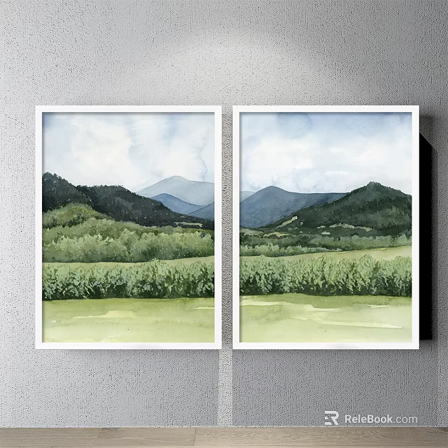Two Piece Watercolor Landscape Paintings With Green Fields Trees Distant Mountains And Cloudy Sky 3d model 