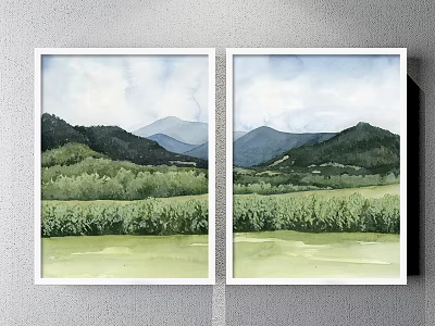 Two Piece Watercolor Landscape Paintings With Green Fields Trees Distant Mountains And Cloudy Sky 3d model