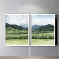 Two Piece Watercolor Landscape Paintings With Green Fields Trees Distant Mountains And Cloudy Sky