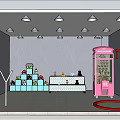 Stuffed Dolls Display on Colorful Shelves with Pink Claw Machine in Room