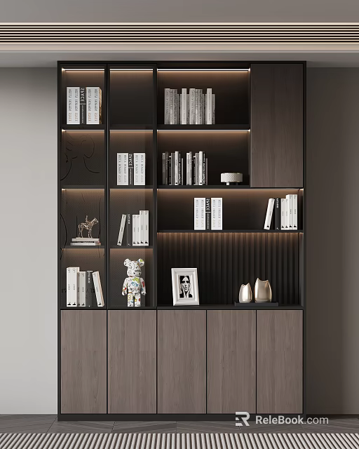 Modern Wooden Bookcase With Illuminated Shelves Books And Decorative Items 3d model 