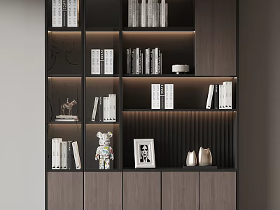 Modern Wooden Bookcase With Illuminated Shelves Books And Decorative Items 3d model