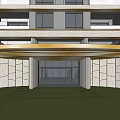 Modern High Rise Apartment Entrance Gate With Golden Canopy Glass Doors And Green Plants