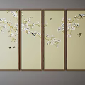 Four Panel Botanical Paintings With Magnolia Blossoms Birds Butterflies On Beige Background And Brown Frames